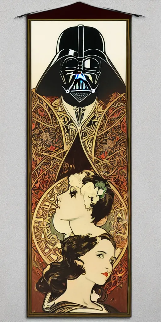 Image similar to Darth Vader helmet , elegant art nouveau poster by Alphonse Mucha