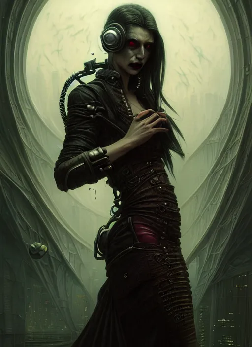 Image similar to portrait shot of a cyberpunk vampire in a scenic dystopian environment, intricate, elegant, highly detailed, centered, digital painting, artstation, concept art, smooth, sharp focus, illustration, artgerm, tomasz alen kopera, peter mohrbacher, donato giancola, joseph christian leyendecker, wlop, boris vallejo