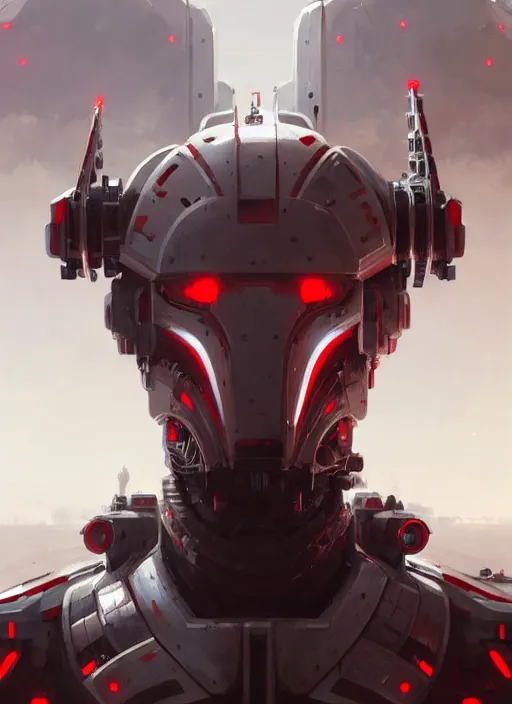 Image similar to a portrait of epic mechanical futuristic war army with red and white accent highly detailed, digital painting, concept art, smooth, sharp focus, illustration, art by greg rutkowski