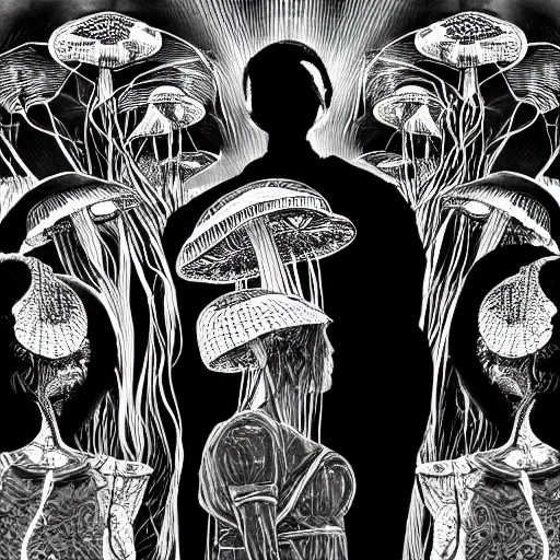 Image similar to mushroom goddess with group of elders, discussing the new season of friends, cynical realism, hiroya oku intricate penwork, yoshitaka amano, chris cunningham, black and white, beautiful lighting, manga in the style of drummond, 3 d render, 8 k