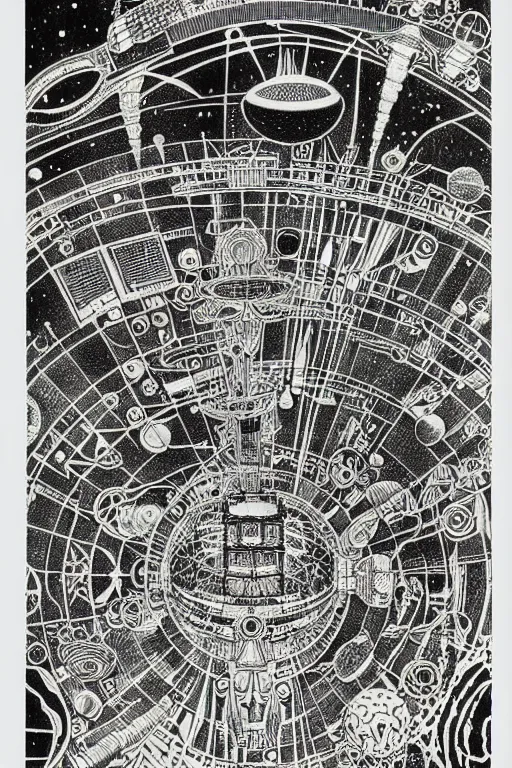 Image similar to a black and white drawing of an ancient future japanese temple international space station, bioluminescence, a detailed mixed media collage by eduardo paolozzi and ernst haeckel, intricate linework, sketchbook psychedelic doodle comic drawing, geometric, deconstructivism, matte drawing, academic art, constructivism