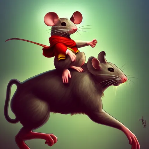 Prompt: a heroic mouse, riding on the back of a prancing cat, illustration, digital painting, trending on artstation