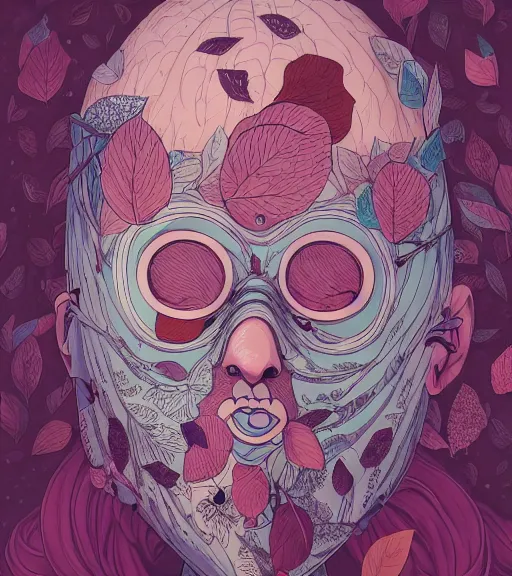 Prompt: portrait, nightmare anomalies, leaves with a mask by miyazaki, violet and pink and white palette, illustration, kenneth blom, mental alchemy, james jean, pablo amaringo, naudline pierre, contemporary art, hyper detailed