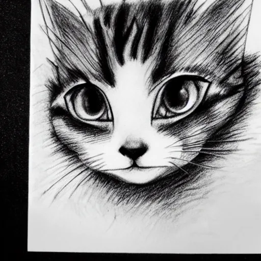 Image similar to a pencil drawing of a kitten, in the style of junji ito