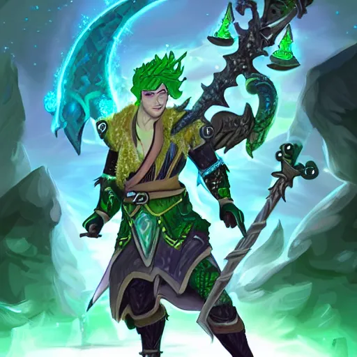 Prompt: a dnd triton with green hair, wielding a staff with a glowing crystal, wearing studded leather armor, male, dungeons and dragons character, digital art