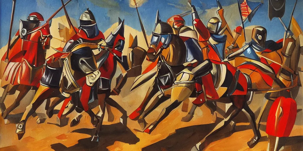 Image similar to futurism style painting of medieval knights jousting