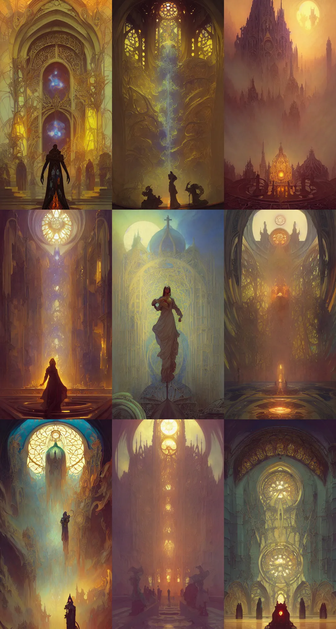 Prompt: cathedral of sun, art nouveau architecture, fantasy, art by joseph leyendecker, peter mohrbacher, ivan aivazovsky, ruan jia, reza afshar, marc simonetti, alphonse mucha