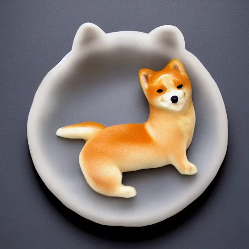 Image similar to a delicious steamed bun in the shape of a shiba inu. studio lighting, high resolution, high quality, dark background