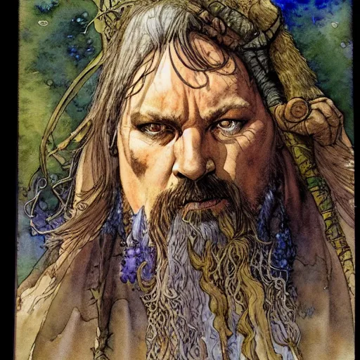 Image similar to a realistic and atmospheric watercolour fantasy character concept art portrait of paavo vayrynen as a druidic warrior wizard looking at the camera with an intelligent gaze by rebecca guay, michael kaluta, charles vess and jean moebius giraud