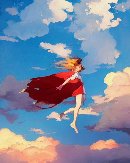 Prompt: cloud sea. atmospheric lighting, stunning, brave. eagle girl. by studio ghibli painting, clouds, wide angle, low - angle shot, by joaquin sorolla rhads leyendecker, by ohara koson and thomas kinkade, traditional japanese colors, superior quality, masterpiece, trending on artstation, isometric