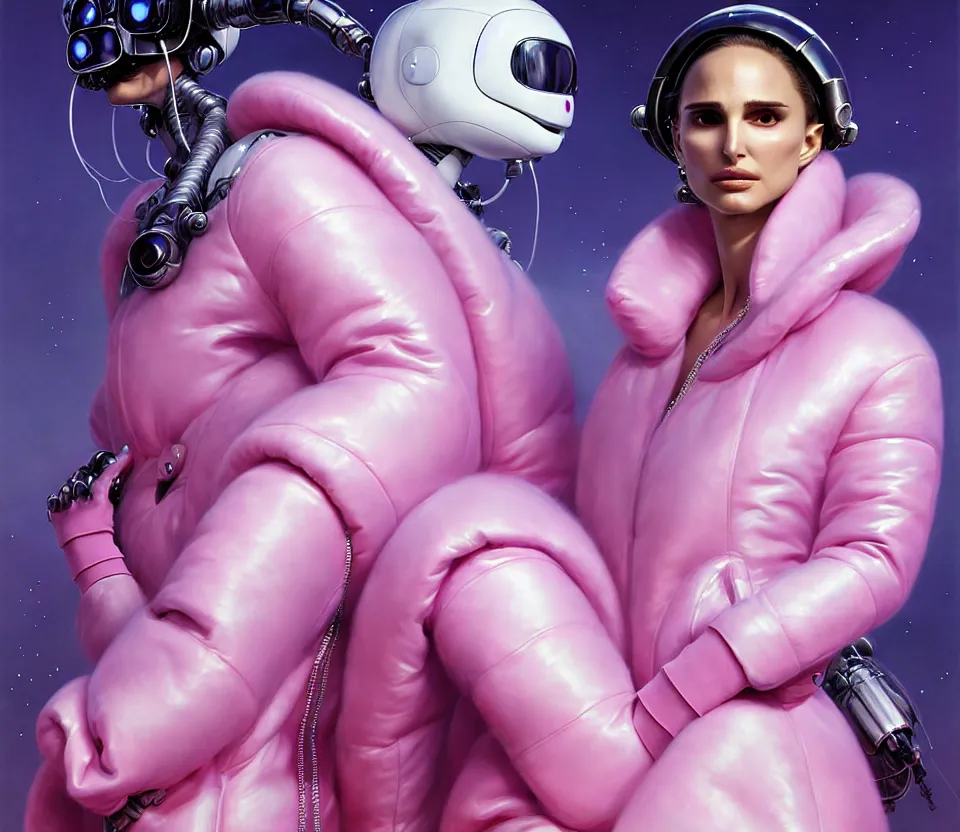 Prompt: beautiful fantasy character portrait, natalie portman, wearing pink puffy bomber jacket with white fur, seductive reclining pose, futuristic chrome drones, robots, ultra realistic, dramatic lighting, the fifth element artifacts, highly detailed by peter mohrbacher, hajime sorayama, wayne barlowe, boris vallejo, aaron horkey, gaston bussiere, craig mullins