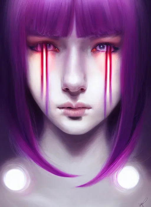 Image similar to hair whitebangs hair, black hair, whitebangs, portrait of teenage girl with white bangs, red irises, purple clothes, white bangs, bangs are different color from hair, intricate, elegant, glowing lights, highly detailed, digital painting, artstation, concept art, smooth, sharp focus, illustration, art by wlop, mars ravelo and greg rutkowski