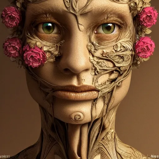 Prompt: beatifull frontal face portrait of a woman, 150 mm, anatomical, flesh, flowers, mandelbrot fractal, veins, arteries, symmetric, intricate, golden ratio, full frame, microscopic, elegant, highly detailed, ornate, ornament, sculpture, elegant , luxury, beautifully lit, ray trace, octane render in the style of peter Gric , alex grey and Romero Ressendi