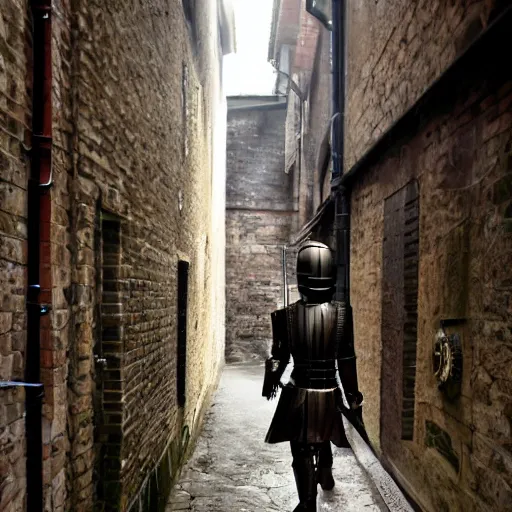 Image similar to a steampunk knight walking down an alley