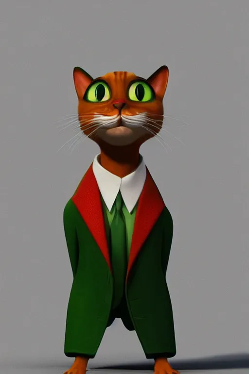 Prompt: a cat wearing a red and green formal overcoat, hyperrealistic, concept art, octane render, unreal engine 5, realistic and defined face, profile picture, digital art, pixar and disney, symmetrical, high quality, highly detailed, high coherence, path traced, house background, low contrast, beautiful