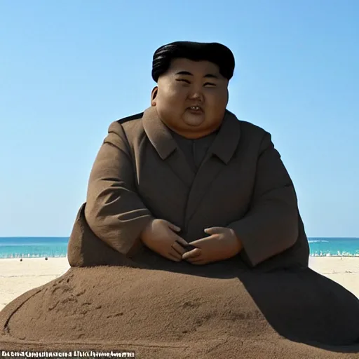 Image similar to a sand sculpture of kim jong un on the beach