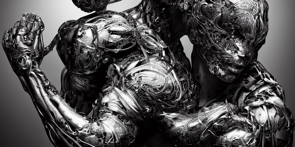 Image similar to hyper realistic photography of a stunningly beautiful cyborg male, elbow, thy, intimate, holding close, reflective chrome in the style of beth cavener, jin kagetsu,, and wlop, highly detailed, intricate filigree,, masterpiece, award winning, sharp focus, concept art, ringflash lighting, ambient lighting, octane render, 8 k, artstation