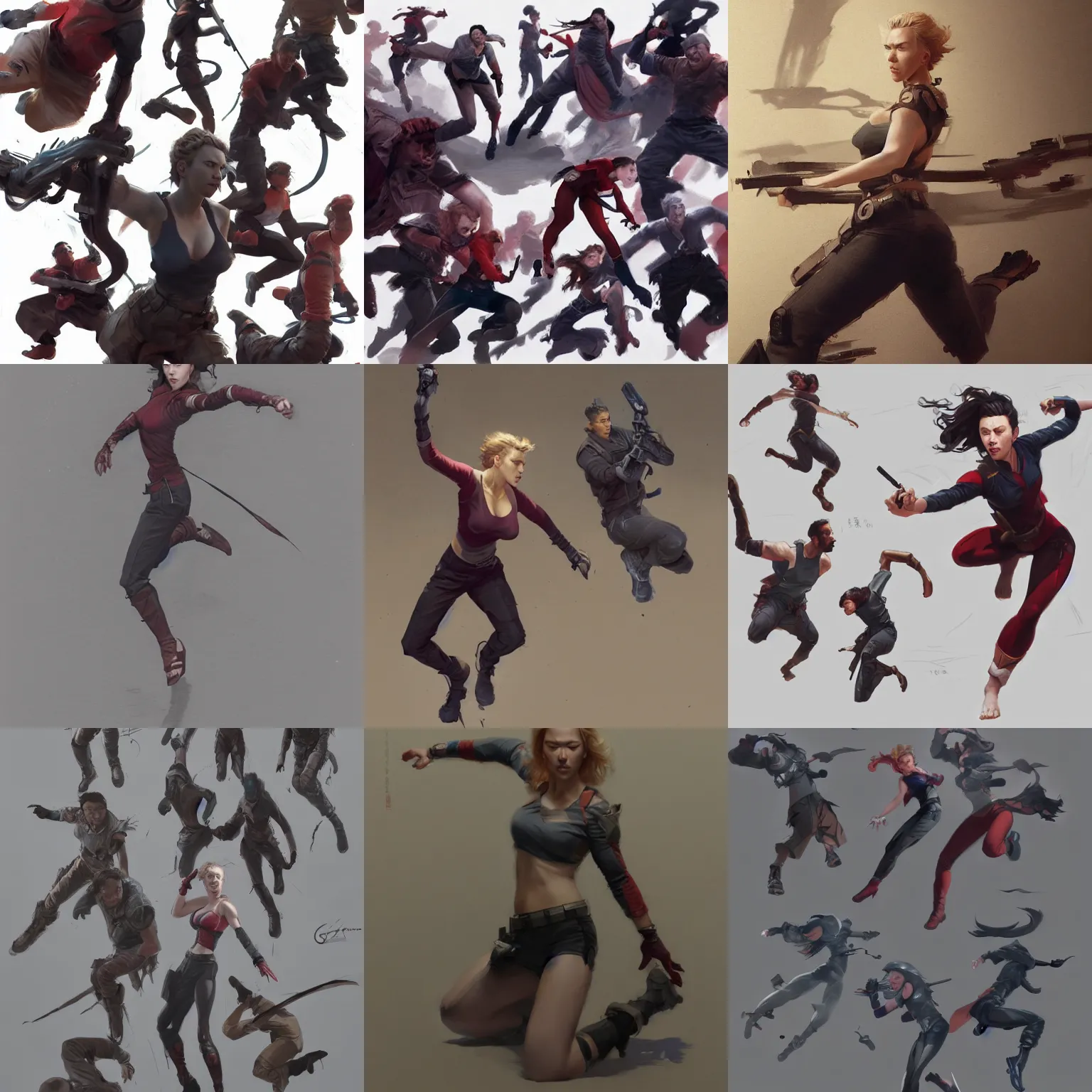 Prompt: scarlett johansson action motion poses taolu jianshu, nanquan, changquan, daoshu, gunshu, qiangshu, nandao and nangun sketch greg rutkowski foreshortening