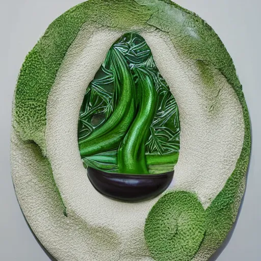 Image similar to a ceramic sculpture of some kind of plant in a glazed serpent frame with a white wall behind it and swirling green plants in the center by cleo sjolander