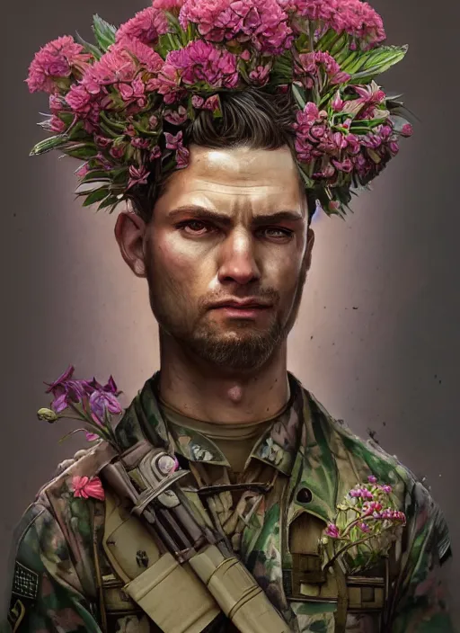 Prompt: handmade character portrait of a serious american soldier man, flowers growing on his body, explosion of amaryllis, hydrangea on his head, chrysanthemum, hyacinth, in the style of artgerm and enki bilal and bastien lecouffe - deharme, wlop, line art, watercolor, cinematic lighting, hyperdetailed, hyperrealistic