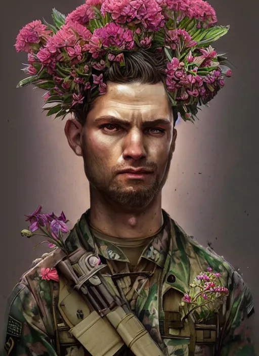 Image similar to handmade character portrait of a serious american soldier man, flowers growing on his body, explosion of amaryllis, hydrangea on his head, chrysanthemum, hyacinth, in the style of artgerm and enki bilal and bastien lecouffe - deharme, wlop, line art, watercolor, cinematic lighting, hyperdetailed, hyperrealistic