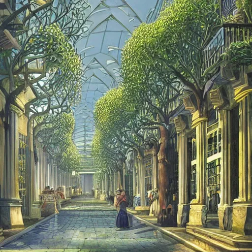 Image similar to scifi advanced city made out of plants and trees streets, modern architecture, by marianne north, by michael parkes, concept art