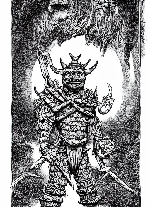 Image similar to tinky winky as a D&D monster, full body, pen-and-ink illustration, etching, by Russ Nicholson, DAvid A Trampier, larry elmore, 1981, HQ scan, intricate details, Monster Manula, Fiend Folio