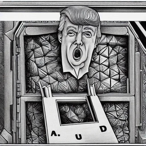 Image similar to a m. c. escher style drawing of trump and his safe