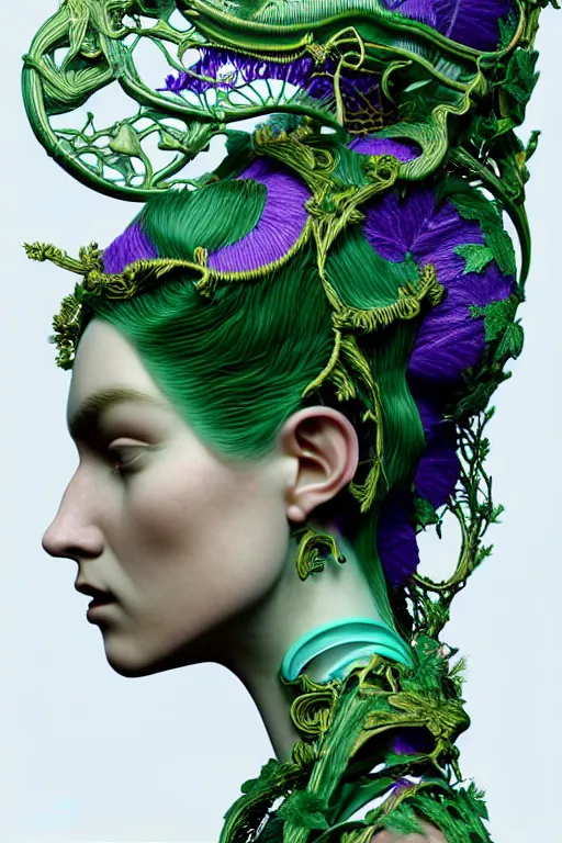 Prompt: complex 3d render ultra detailed of a beautiful porcelain profile Grimes face with long hair, biomechanical cyborg, analog, 150 mm lens, beautiful natural soft rim light, big leaves and stems, roots, fine foliage lace, transparent violet green blue details, massai warrior, Alexander Mcqueen high fashion haute couture, pearl earring, art nouveau fashion embroidered, steampunk, intricate details, mesh wire, mandelbrot fractal, anatomical, facial muscles, cable wires, microchip, elegant, hyper realistic, ultra detailed, octane render, H.R. Giger style, volumetric lighting, 8k post-production