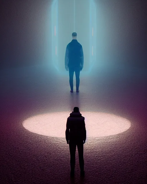 Image similar to a person standing in front of a glowy open door that's on a barren moon, poster art by mike winkelmann, trending on cg society, space art, sci - fi, ue 5, futuristic, volumetric lighting, light casting onto the ground, neat composition and camera angle