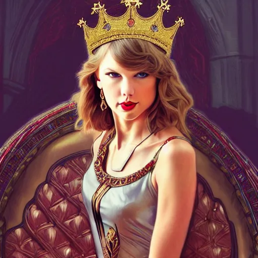 Image similar to Taylor Swift sitting on a majestic throne wearing a crown, D&D style, fantasy, intricate, elegant, highly detailed, digital painting, artstation, concept art, matte, sharp focus, illustration, art by Artgerm and Greg Rutkowski and Alphonse Mucha