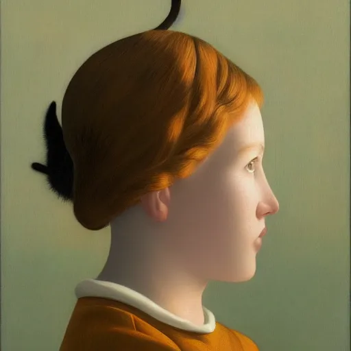 Image similar to a girl and her cat by Raphael, Hopper, and Rene Magritte. detailed, romantic, enchanting, trending on artstation.