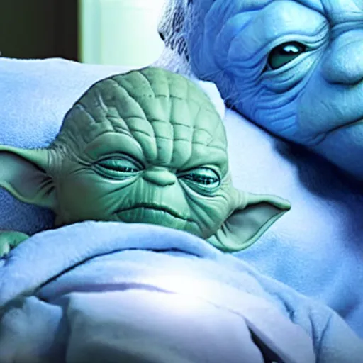 Image similar to photo of dr manhattan sleeping in bed next to yoda