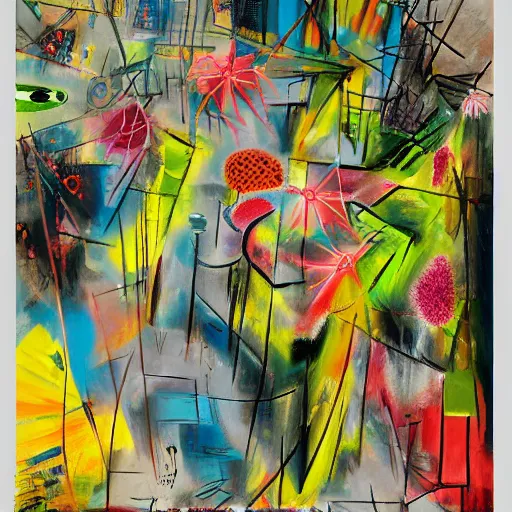 Image similar to by roberto matta, by david aja. this street art is a large canvas, covered in a wash of color. in the center is a cluster of flowers, their petals curling & twisting in on themselves. the effect is ethereal & dreamlike, & the overall effect is one of serenity & peace.