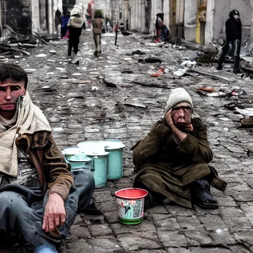 Image similar to ukraine after nuclear war, beggars hungry scary bums and devastation