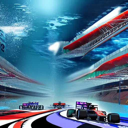 Image similar to Formula 1 underwater stage, digital art, detailed, realistic, trending on artstation, 4k,