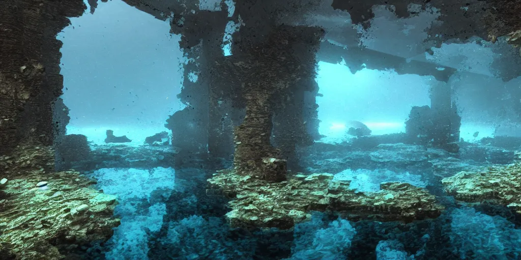 Prompt: underwater ruins, reflective water, caustics, ray tracing, refractive, hdr, award winning, trending on artstation, digital art. highly detailed 8 k. intricate. lifelike. soft light. nikon d 8 5 0.