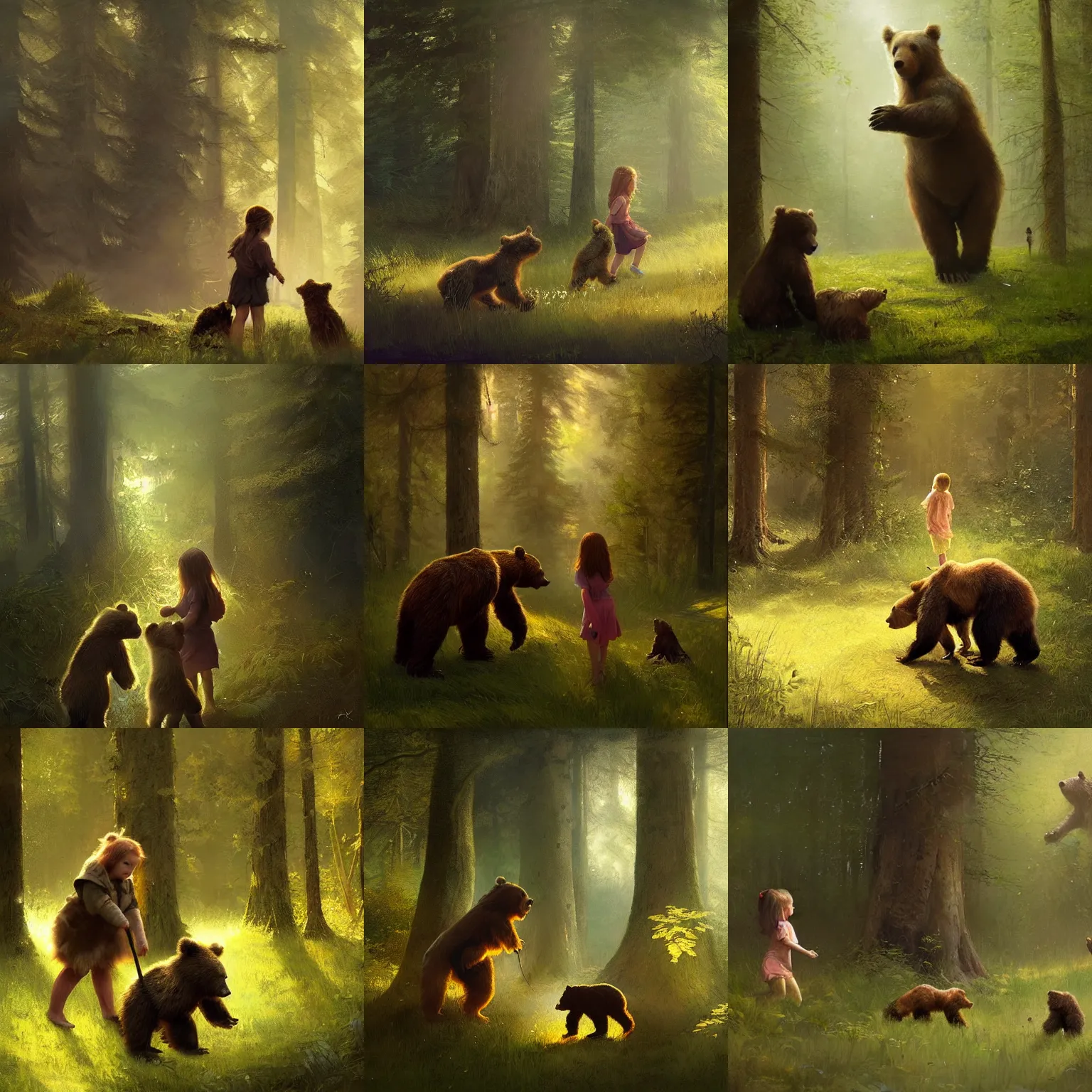 Prompt: two young girls playing with a pet bear in the forest. gold - green ambient lighting, digital concept art, painting by greg rutkowski
