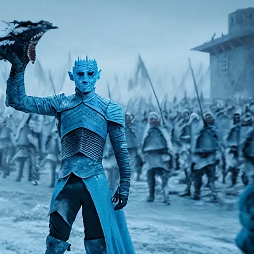 Prompt: The Night King and his army invading King's Landing. Cinematic. Blizzard. Icy Blue colored.