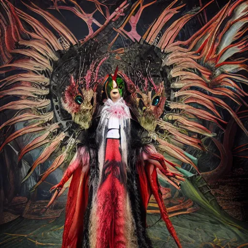 Image similar to a photography of a costume of a demonic creature with big painted eyes and a dragon mouth, with lots of long hairs and wearing multiple layers of fabrics with patterns by charles freger