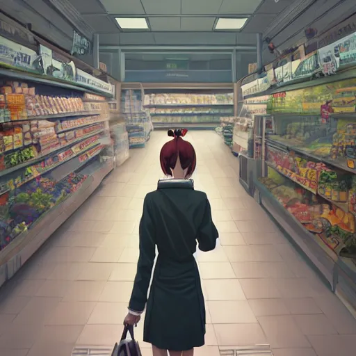 Image similar to a photography of a woman Grocer with frock,looks like Ziyi Zhang ponytail, grocery store around，winter,anime style character, clean soft lighting, backlit beautiful face, Oil painting, by Ilya Kuvshinov, Greg Rutkowski and Makoto Shinkai