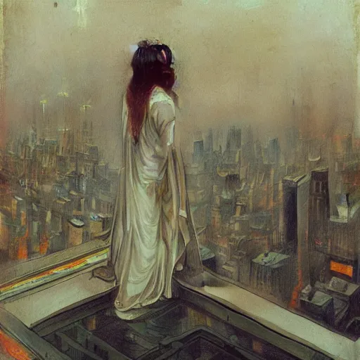 Image similar to “ a girl standing on a ledge looking down at a futuristic new york city below, fog, storm clouds, rain, detailed face, oil painting, by alphonse mucha ”