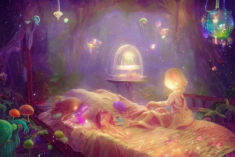 Prompt: a child falling into his bed to find a fantasy world, psychedelic, whimsical, 4k, beautiful, a crystal and flower, reflective pool, surrounded by gems, underneath the stars, rainbow fireflies, trending on patreon, deviantart, twitter, artstation, volumetric lighting, heavy contrast, art style of Greg Rutkowski and Miho Hirano and Ross Tran