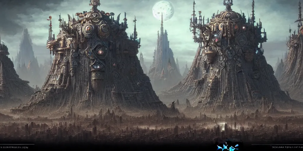 Image similar to a beautiful and insanely detailed matte painting of an advanced sprawling futuristic warrior civilization with surreal architecture designed by akihiko yoshida!, whimsical!!, epic scale, intricate details, sense of awe, warhammer 4 0. 0 0 0, elite, fantasy realism, complex layered composition!!