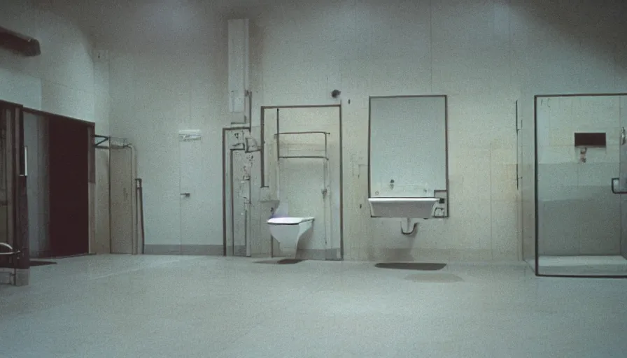 Prompt: 70s movie still of a empty very large bathroom, cinestill 800t Technicolor, heavy grain, high quality, criterion collection, liminal space style