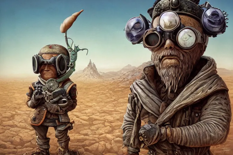 Image similar to a highly detailed forgotten garden gnome wearing goggles and head scarf surviving in a vast barren desert, hopeless wasteland background with a relentless raging sun overhead, post - apocalyptic road warrior vibe, dynamic pose, an ultrafine detailed painting by joe fenton, trending on deviantart, pop surrealism, whimsical, lowbrow, perfect symmetrical face, sharp focus, octane, masterpiece