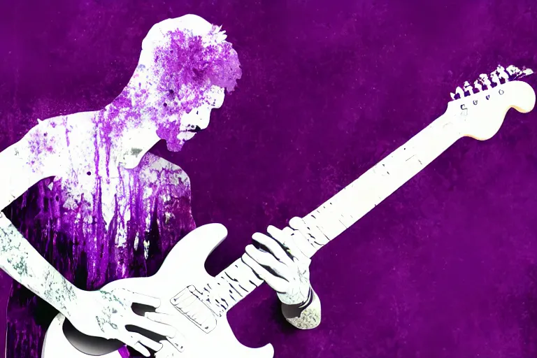 Image similar to dripping purple faded paint across the shape of a male human playing guitar, realistic, high detail, on a white damage background