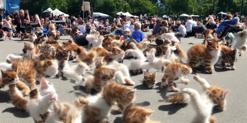 Image similar to clear photo, wide and clear, a stampede of cute kittens attacks everyone at the local sunday morning farmers market, kittens active everywhere, kittens jumping and running, people screaming in terror, funny and odd