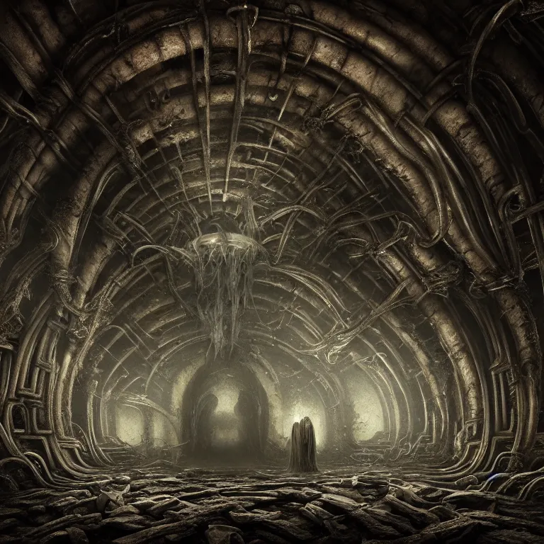 Prompt: surreal dark tunnel inside abandoned ancient alien spaceship covered with ribbed spinal tubes, organic flesh meat, surreal abandoned buildings, dream-like heavy atmosphere, baroque painting, beautiful detailed intricate insanely detailed octane render trending on Artstation, 8K artistic photography, photorealistic, volumetric cinematic light, chiaroscuro, Raphael, Caravaggio, Beksinski, Giger