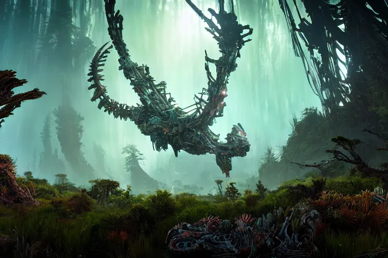 Image similar to wide epic shot from horizon forbidden west. a hyper detailed organic mechanic creatuve realistic similar look as horizon forbidden west horizon zero dawn, bioluminiscence in a dark deep forest at dawn in spring, with reflection and textures, by kilian eng, substance painter reaslitic mech surface metal painted scratches, world env from horizon forbidden west horizon zero dawn